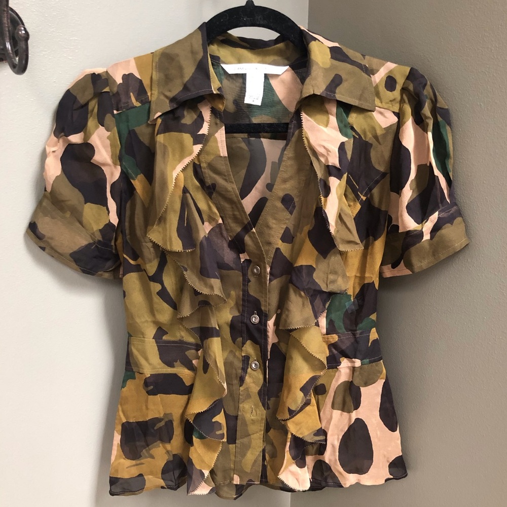 Diane von Furstenberg Camouflage Sheer Button Down Blouse